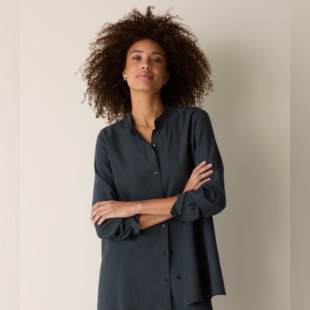 Eileen Fisher Mini Check Crepe Band Collar Top Easy Fit Long Length